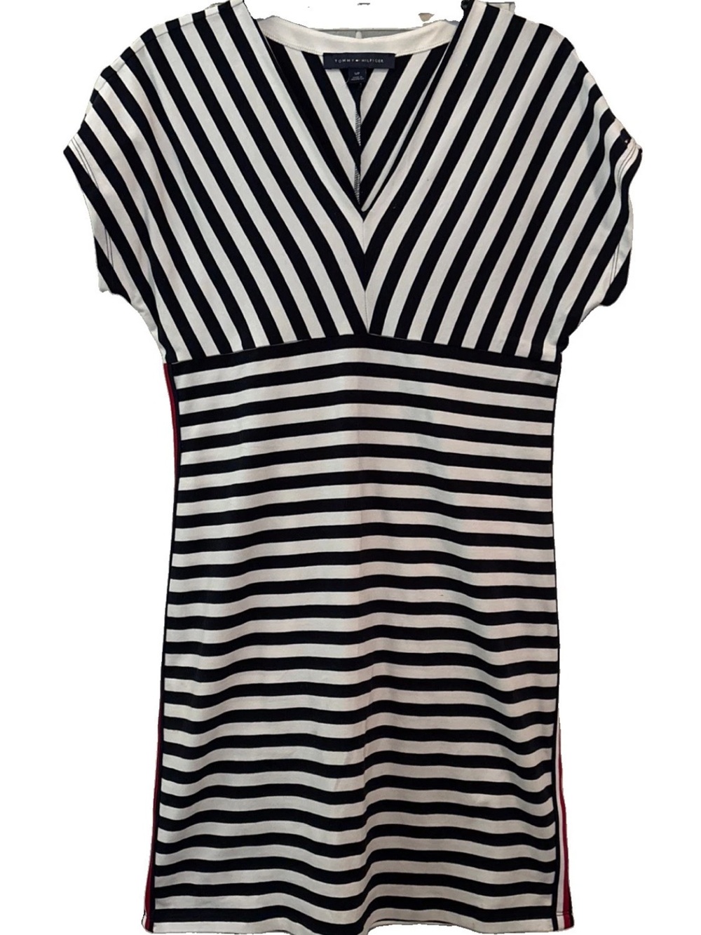 Tommy Hilfiger Black and White Striped Mini Dress with Red Side Trim